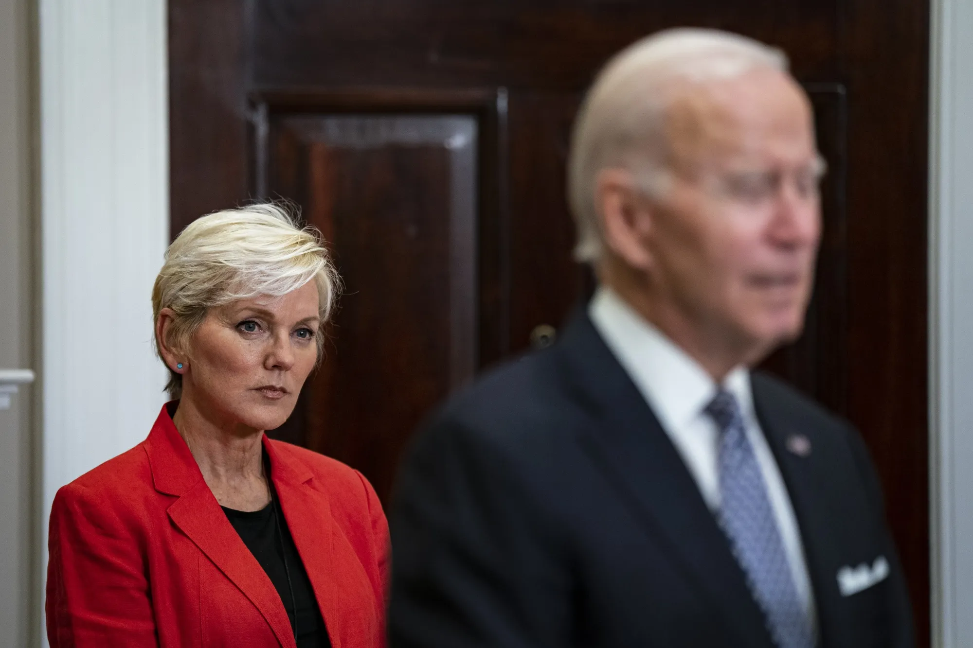 Energy Secretary&nbsp;Jennifer Granholm&nbsp;during an event with&nbsp;President Joe Biden, right, at the White House in October.&nbsp;
