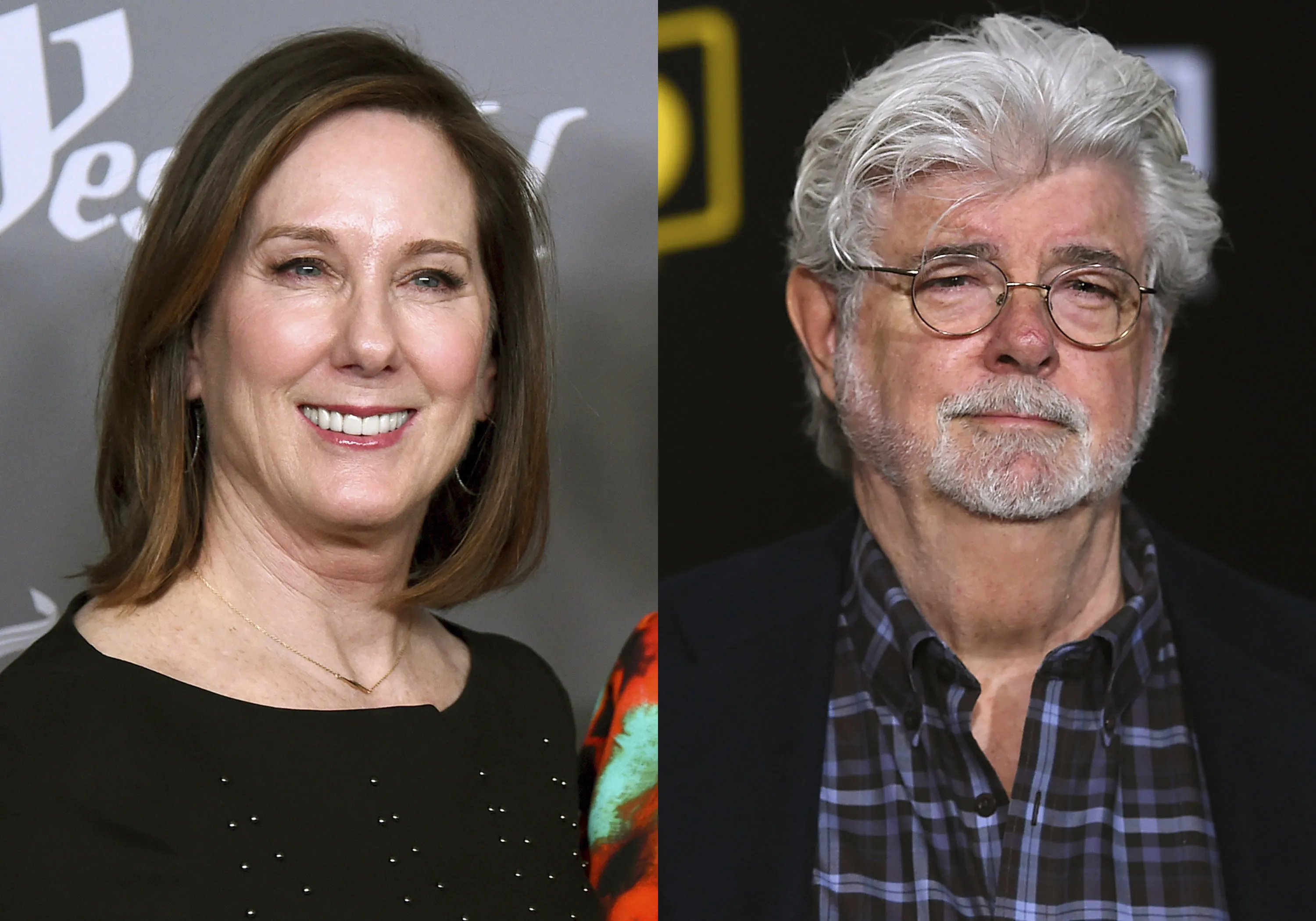 Kathleen Kennedy appears at the 20th annual Costume Designers Guild Awards in Beverly Hills, Calif., on Feb. 20, 2018, left, and George Lucas appears at the premiere of "Solo: A Star Wars Story" in Los Angeles on May 10, 2018.  Kennedy and Lucas, stewards of the "Star Wars" universe are being honored by the Producers Guild of America for their contributions to the film industry. The PGA said Friday, Jan. 14, 2022, that the pair will receive the Milestone Award at the Producers Guild Awards in March. (AP Photo)
