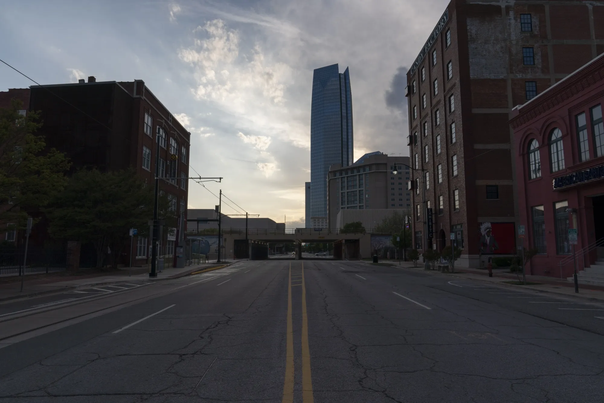 A nearly empty street in the Bricktown District of Oklahoma City on April 21.