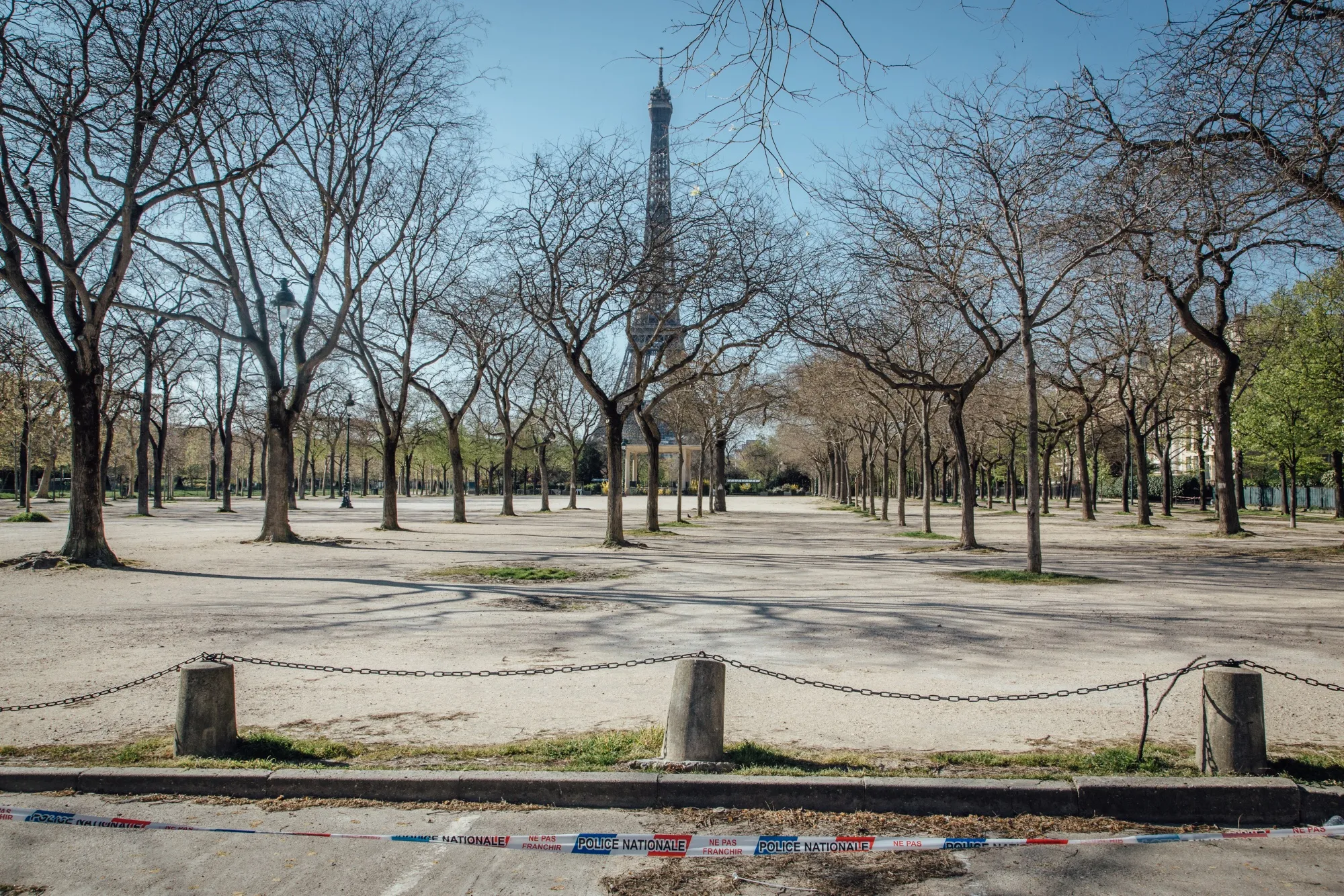 Police cordon blocks access to the Champs de Mars park near the Eiffel Tower monument in Paris, April 4.