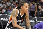Phoenix Mercury center Brittney Griner sits during the first half of Game 2 of basketball's WNBA Finals against the Chicago Sky, Wednesday, Oct. 13, 2021, in Phoenix. A Moscow court announced it has extended the arrest of WNBA star Brittney Griner until May 19, according to the Russian state news agency Tass. Griner was detained at a Moscow airport in February after Russian authorities said a search of her luggage revealed vape cartridges. They were identified as containing oil derived from cannabis, which could carry a maximum penalty of 10 years in prison.(AP Photo/Rick Scuteri, File)