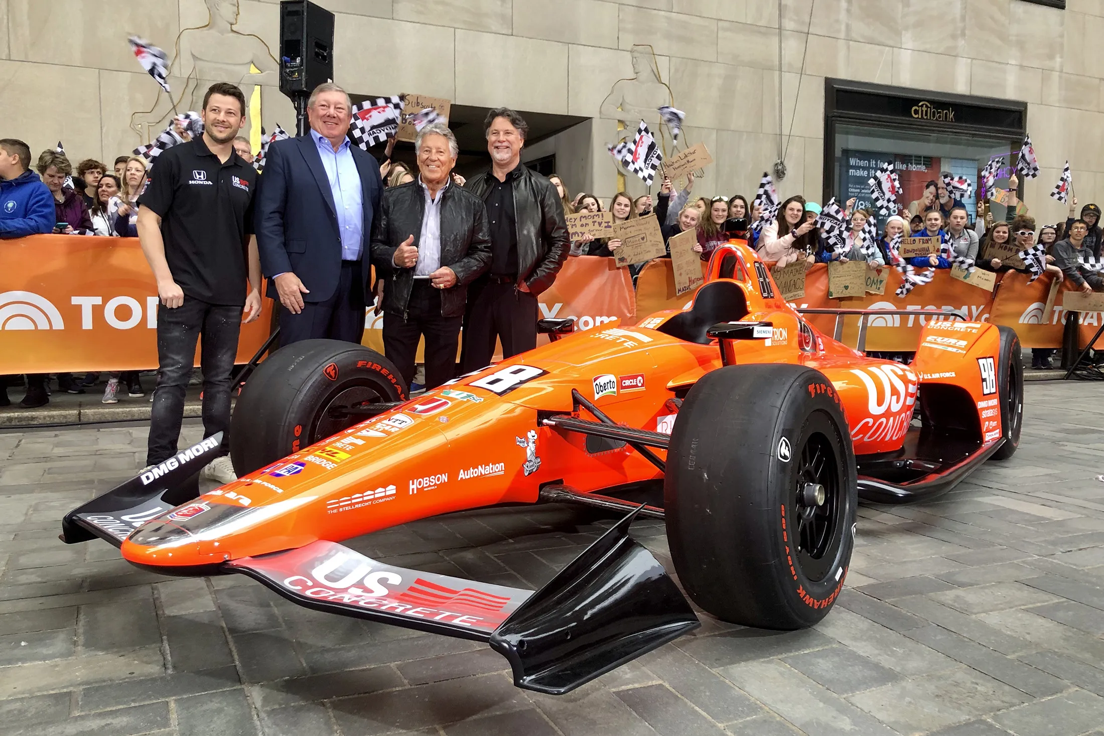 Marco Andretti, from left, Bill Sandbrook, Mario Andretti, and Michael Andretti at the Today Show.