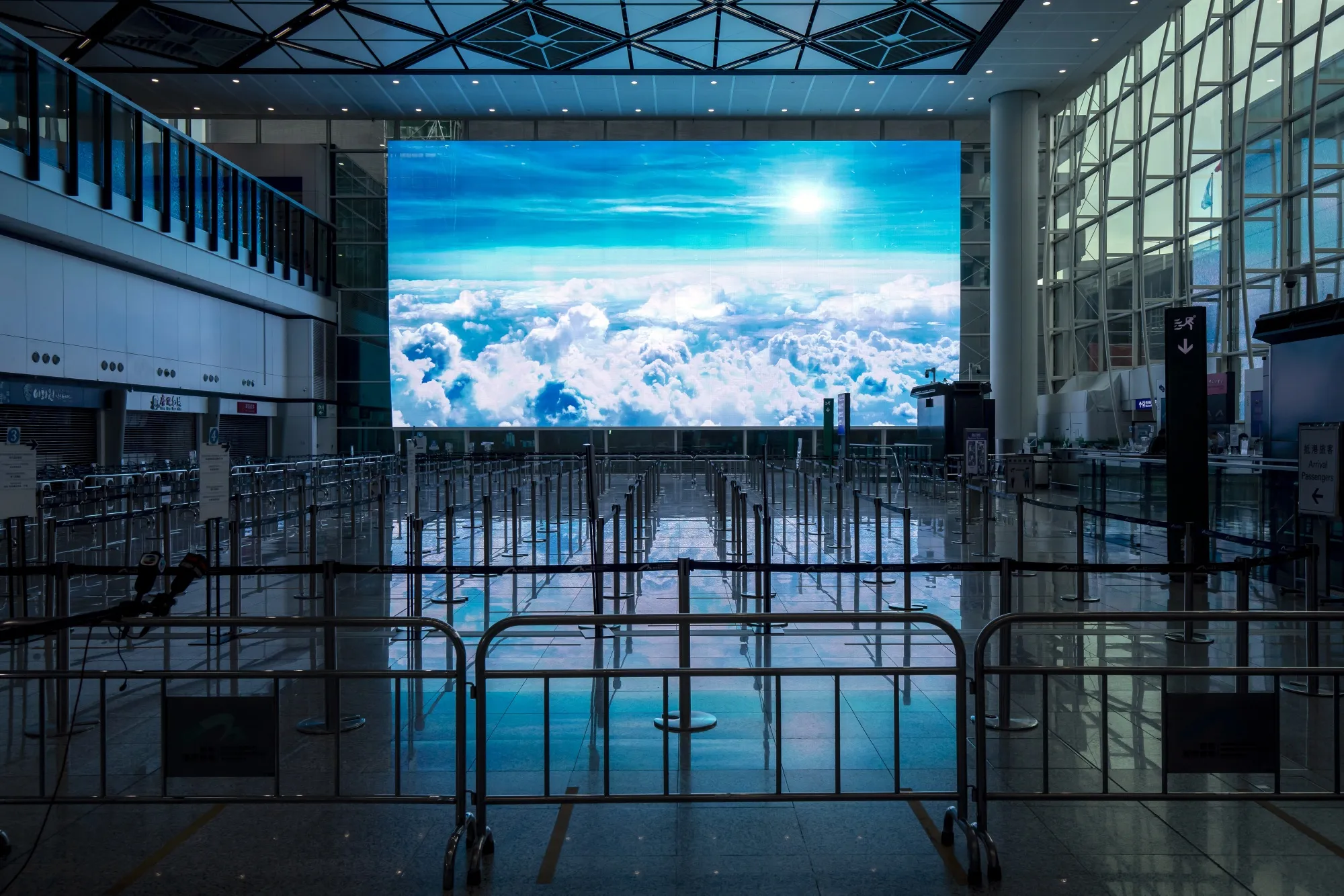 An area for passengers heading to quarantine in the arrival hall at Hong Kong International Airport on April 1.