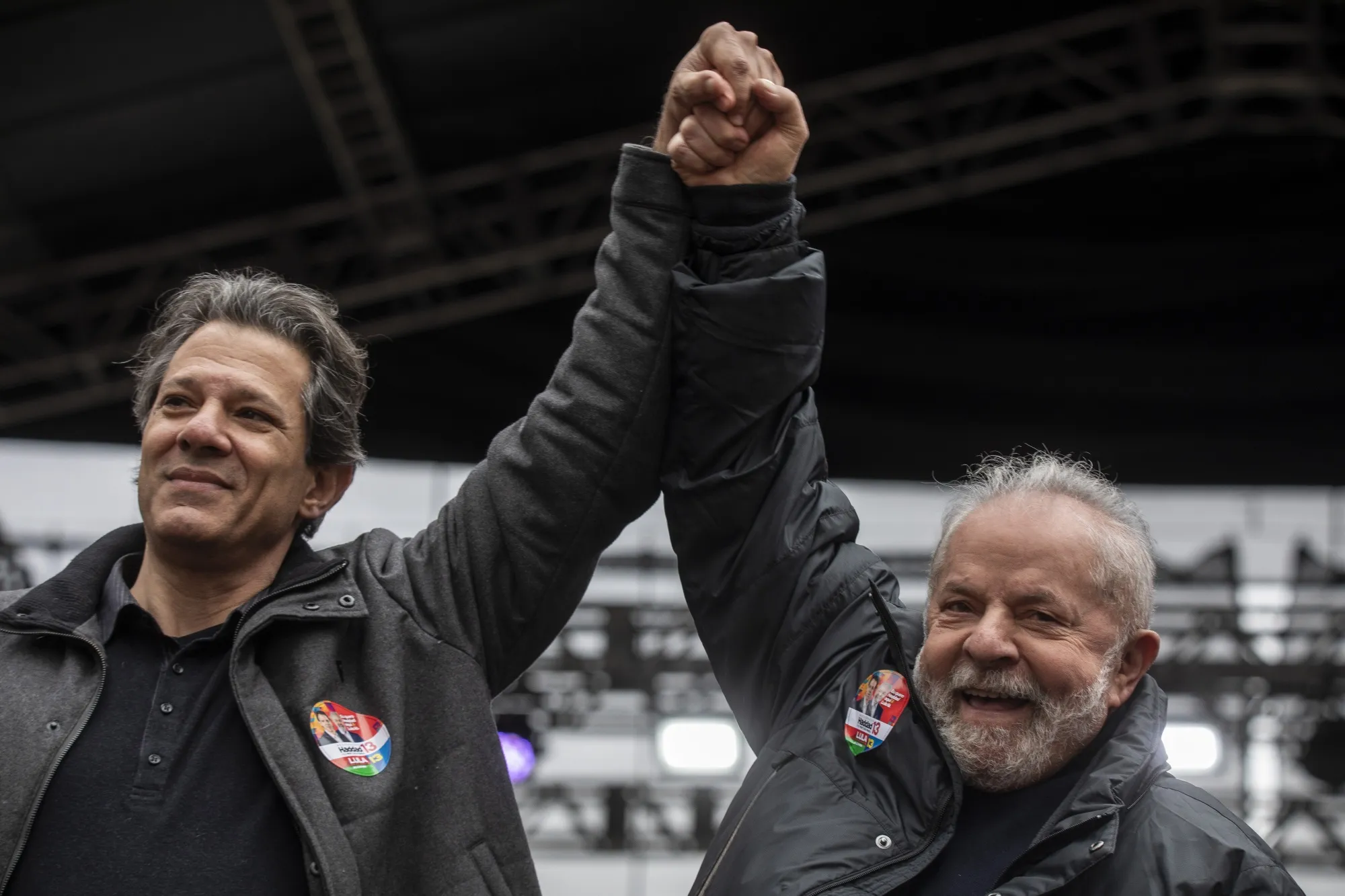 Luiz Inacio Lula da Silva, right, and Fernando Haddad, during a campaign event in Sao Paulo, Brazil, on Saturday, Aug. 20, 2022. 
