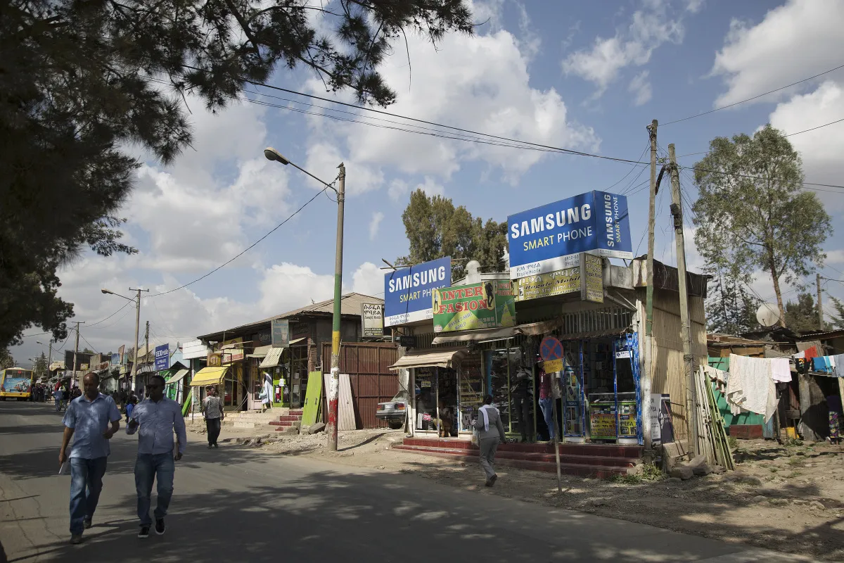 A store selling mobile phones sits in Addis Ababa.