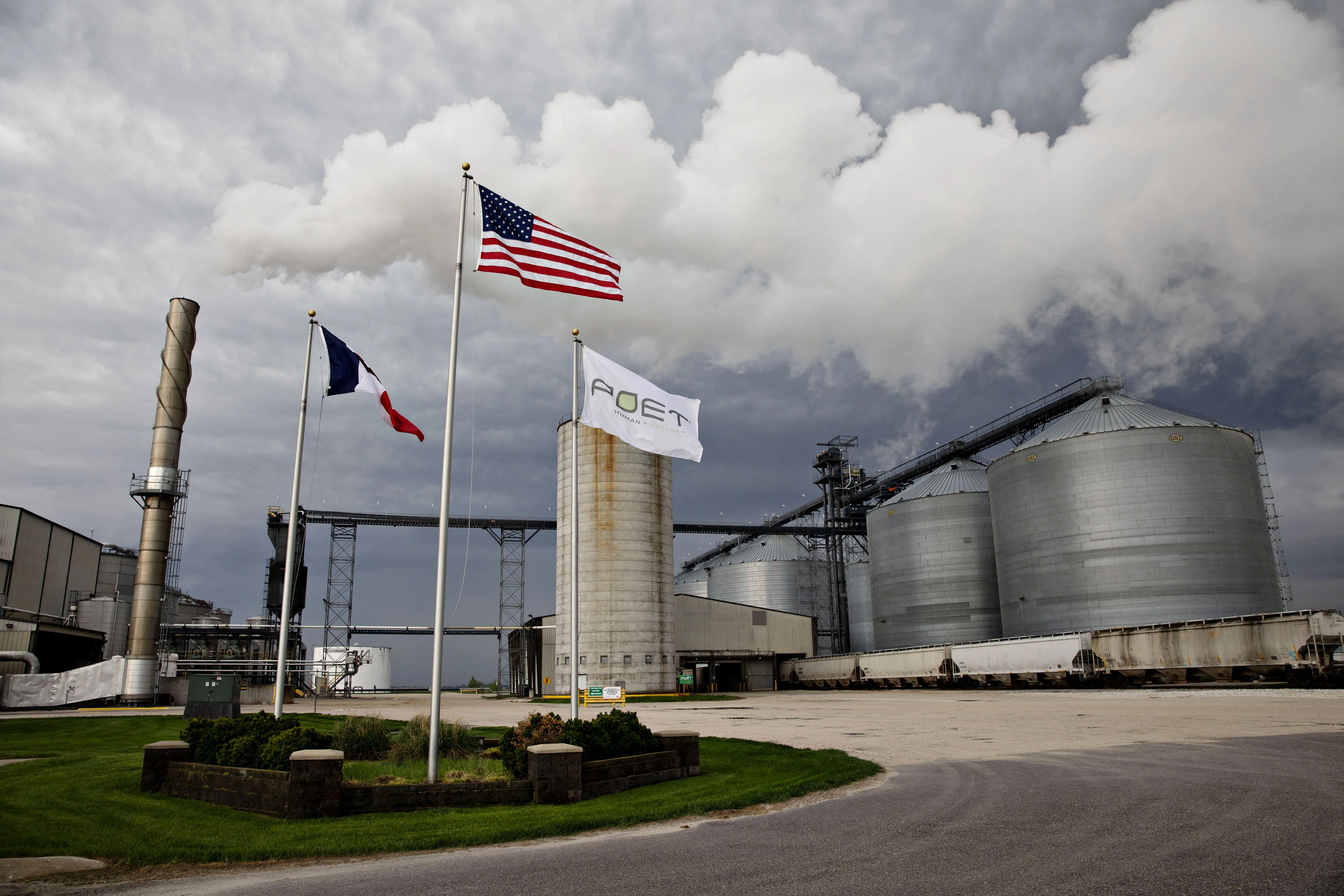Flags fly outside the POET LLC ethanol biorefinery in Gowrie, Iowa.