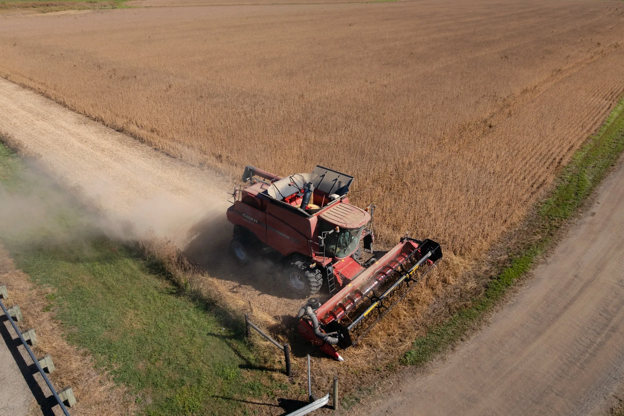 A combine harvester during a soybean harvest at a farm in Rochester, Minnesota.
