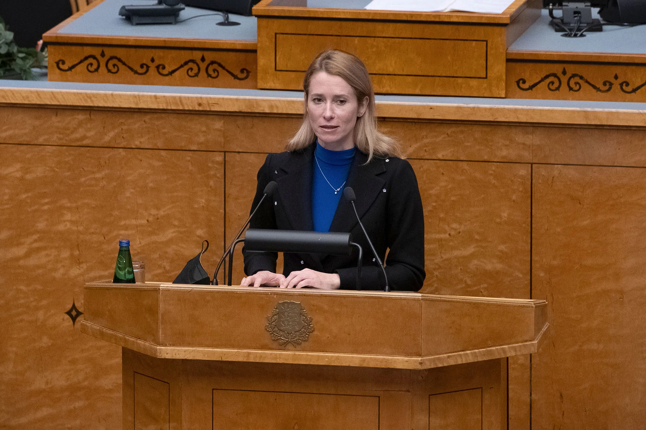 Kaja Kallas addresses the Estonian Parliament in Tallinn, Estonia, on Jan. 26.