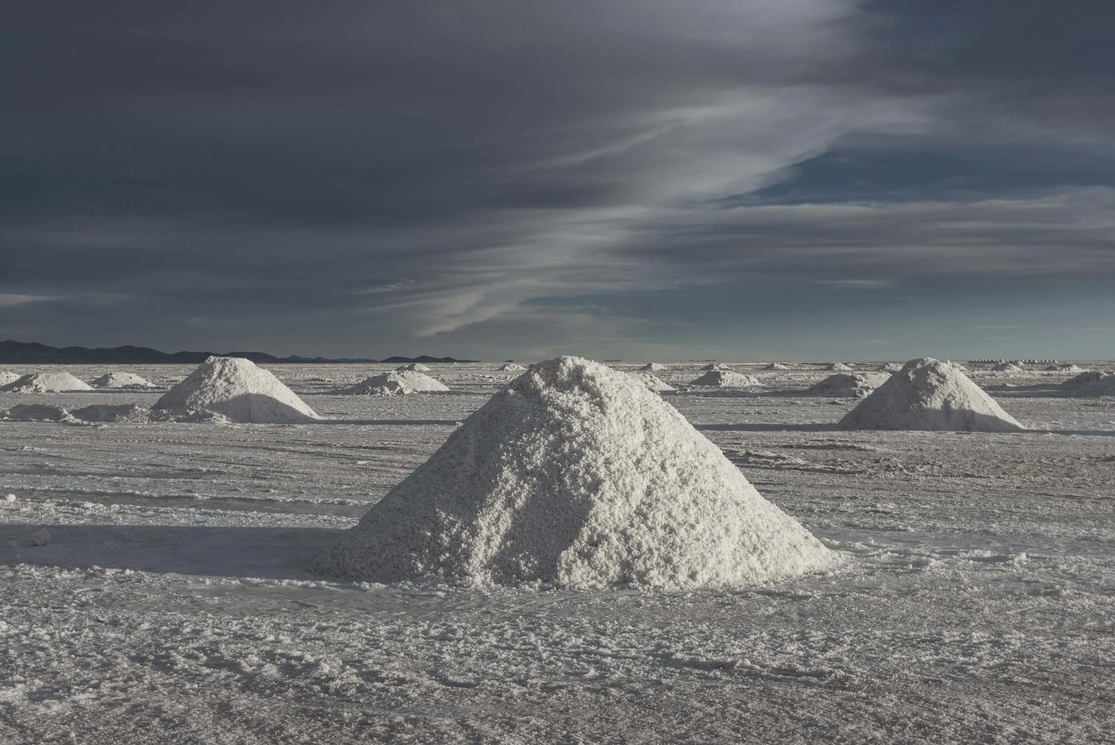 Mountains of mineral at the Uyuni salt flat in Bolivia.