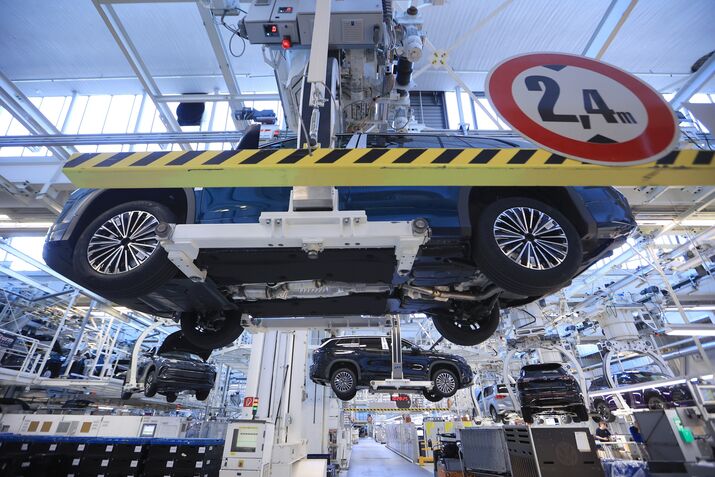 An assembly line at the Volkswagen factory in Wolfsburg.