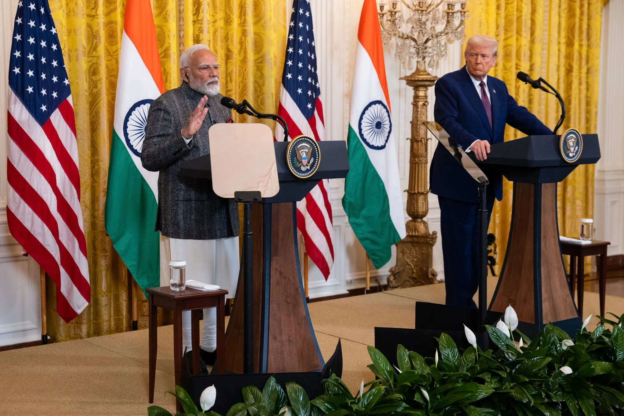 India's prime minister Narendra Modi and US President Donald Trump during a news conference in the East Room of the White House in Washington, DC, on Feb. 13.