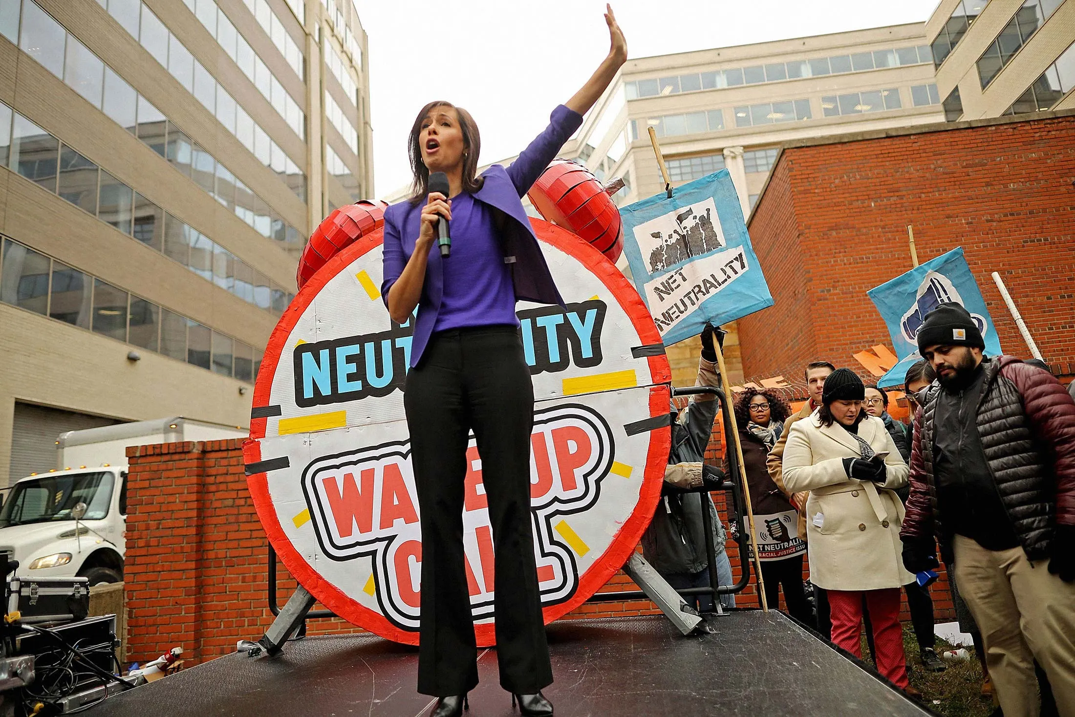 FCC Commissioner Jessica Rosenworcel speaks at a 2017 rally in Washington to protest the end of net neutrality rules.