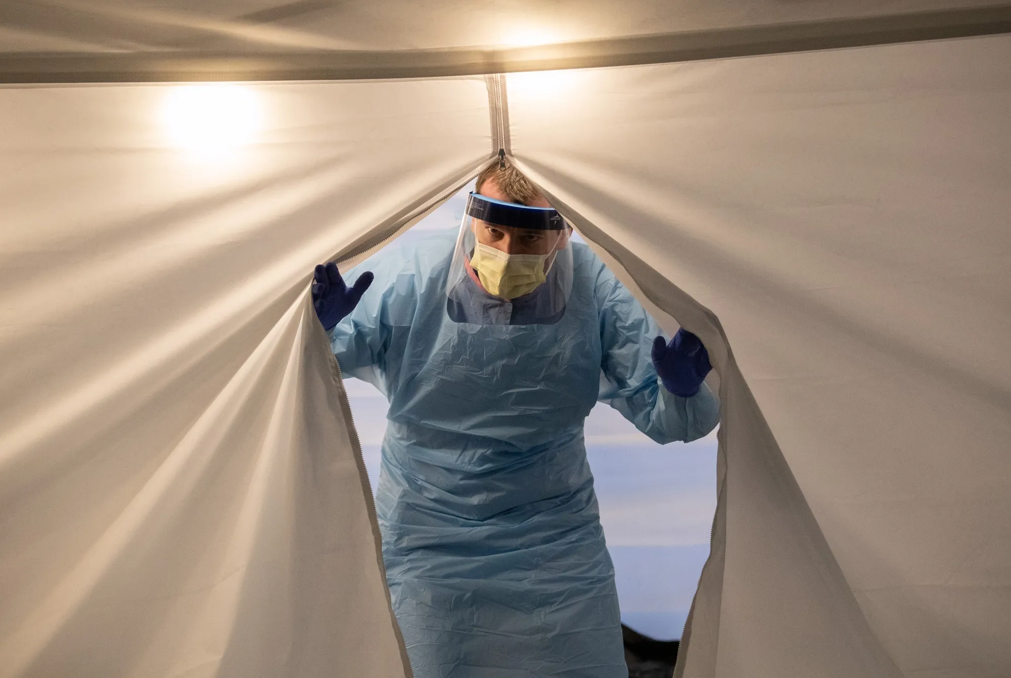 A nurse emerges from a coronavirus testing center at the University of Washington Medical center&nbsp;in Seattle, Washington in March 2020.