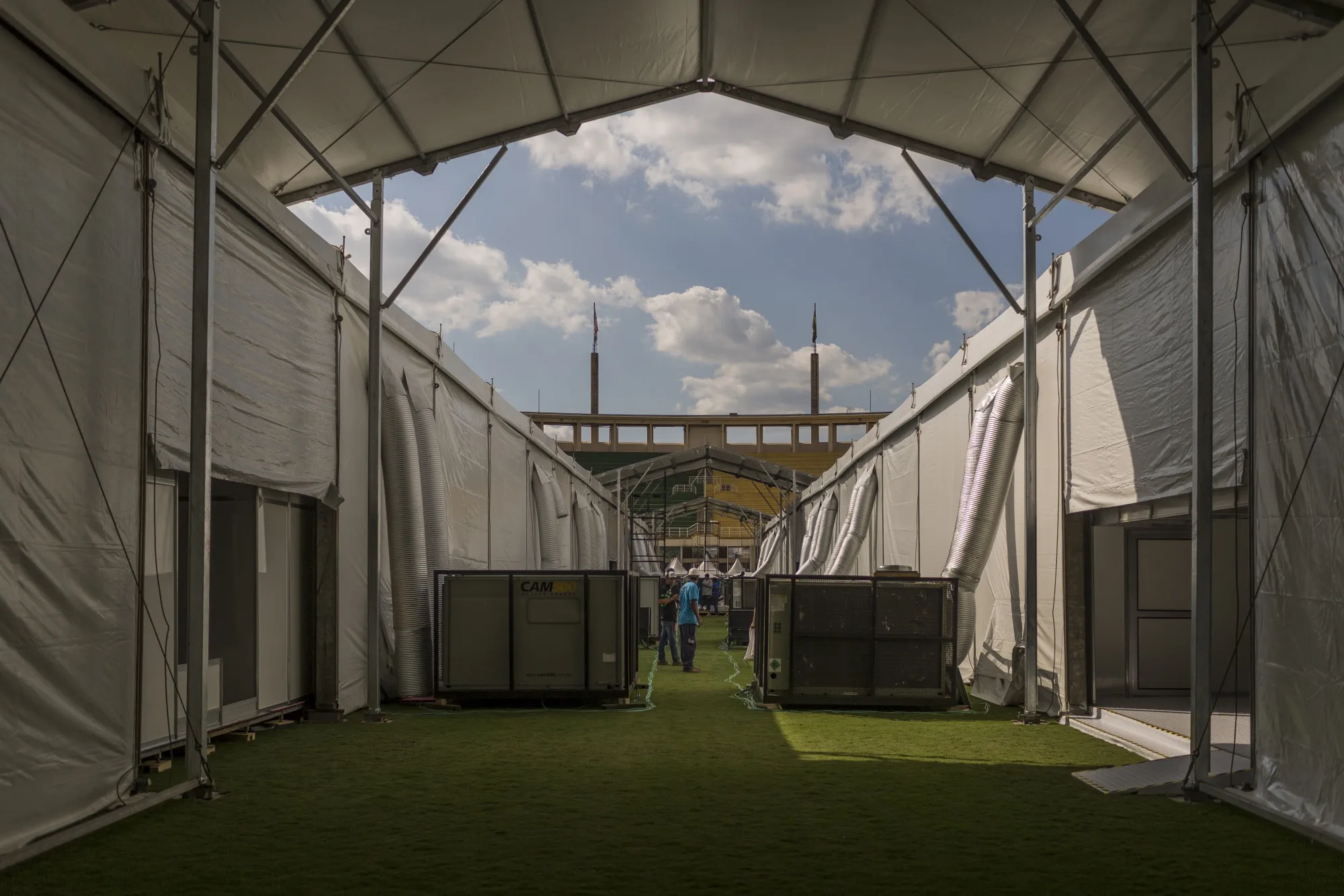 A hospital for coronavirus patients stands under construction inside the Pacaembu Stadium in Sao Paulo, Brazil, on&nbsp;March 27.&nbsp;