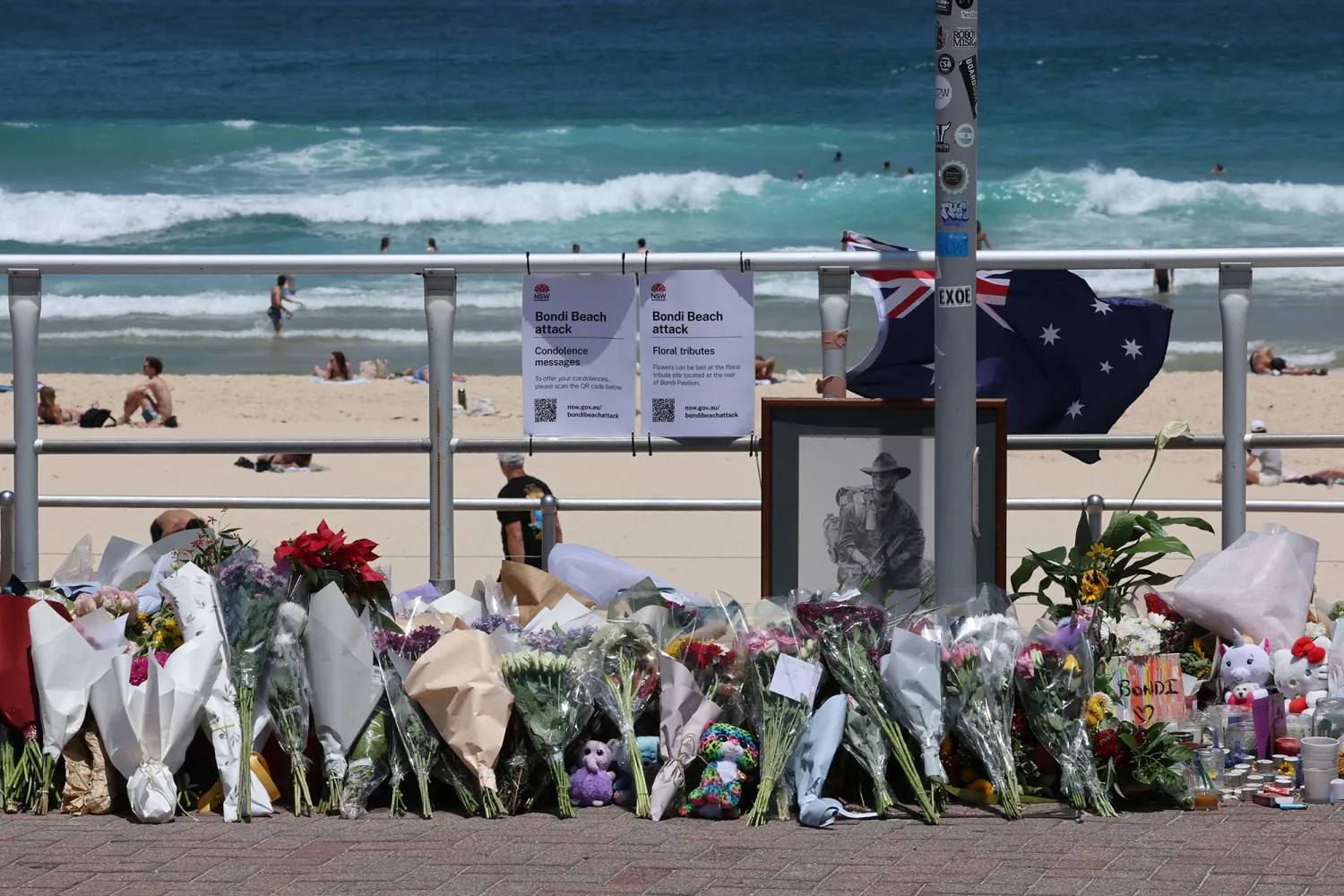 Floral tributes left by mourners at the promenade of Bondi Beach in Sydney on Dec. 17.