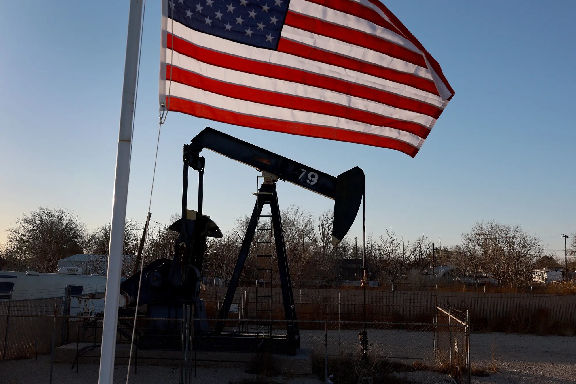 An oil pumpjack set up in a residential neighborhood pulls oil from the Permian Basin in Odessa, Texas.