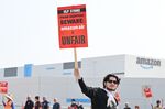 Workers at Amazon's West Coast Air Freight Fulfillment Center in California protest in October.
