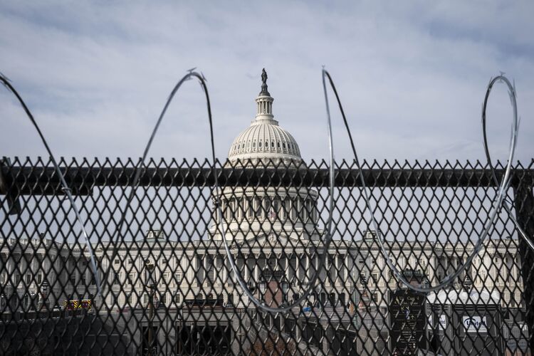 A barbed wire fence around the perimeter of the U.S. Capitol in Washington, D.C.