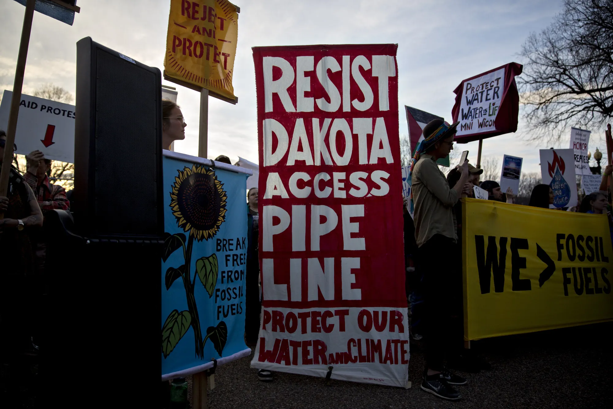Demonstrators hold signs as they protest the Dakota Access pipeline, in Washington, D.C. in 2017.