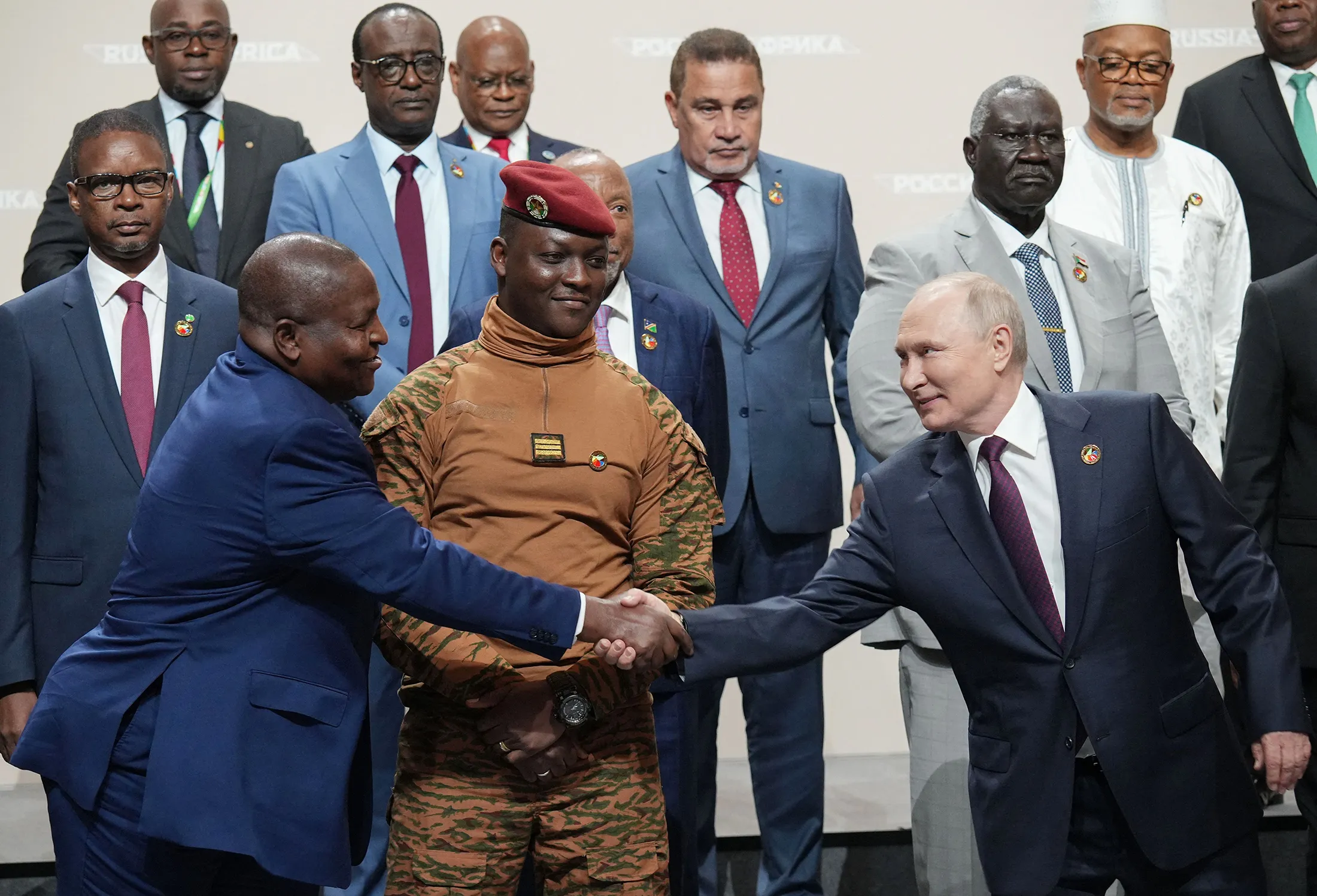 Russian President Vladimir Putin with African leaders at the second Russia-Africa summit in Saint Petersburg in July 2023.