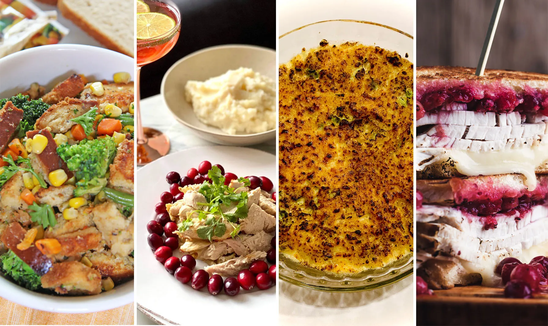 From left: instant stuffing,&nbsp;Thai-style turkey,&nbsp;potato chip gratin,&nbsp;and&nbsp;after dinner turkey melt.