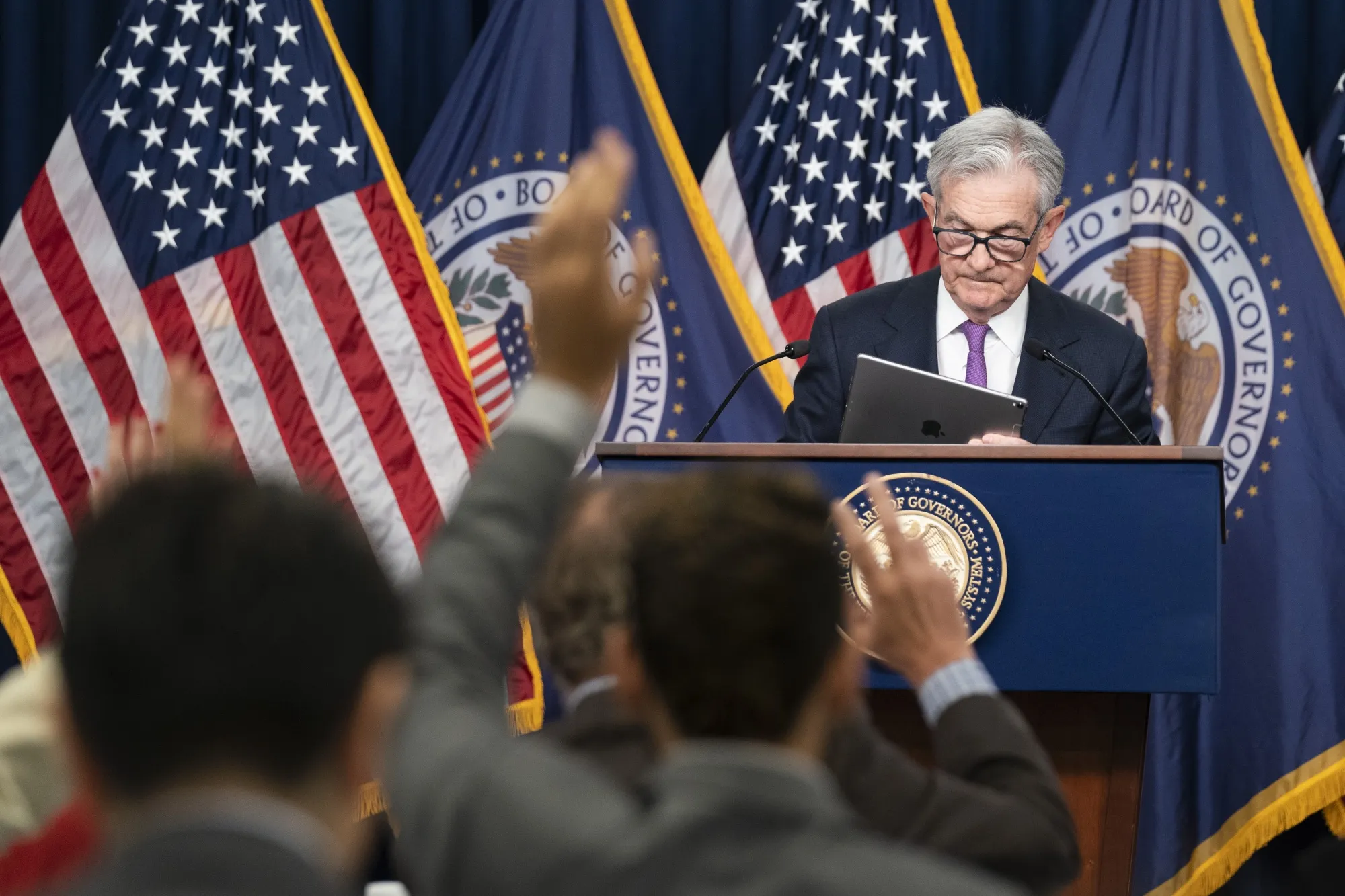 Fed Chair Jerome Powell during a news conference following the Federal Open Market Committee meeting in September.&nbsp;