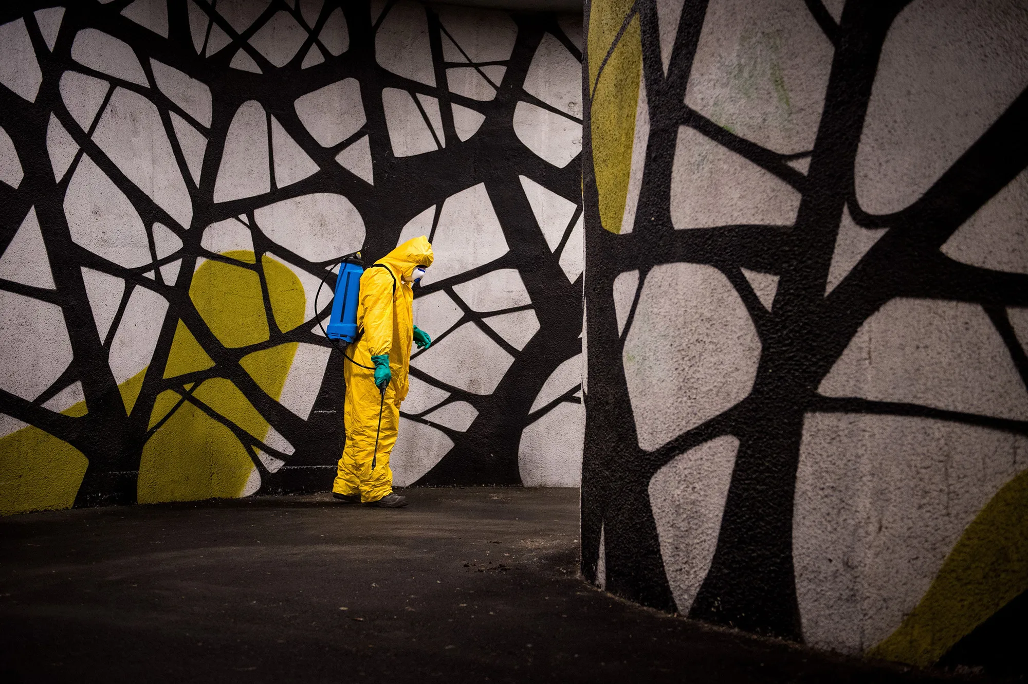 A worker disinfects streets in Bratislava on April 21.