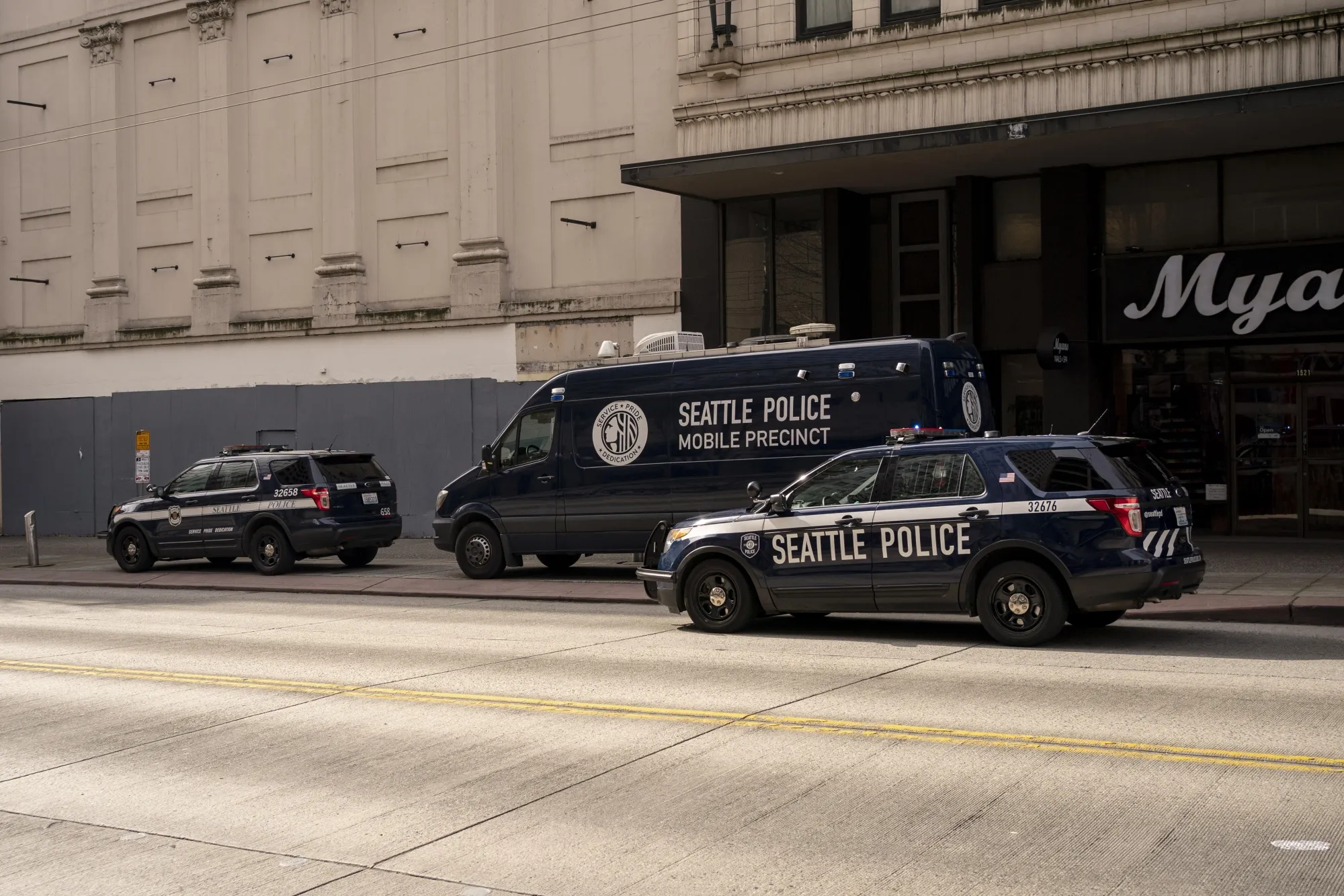A mobile precinct unit on Third Avenue in downtown Seattle.