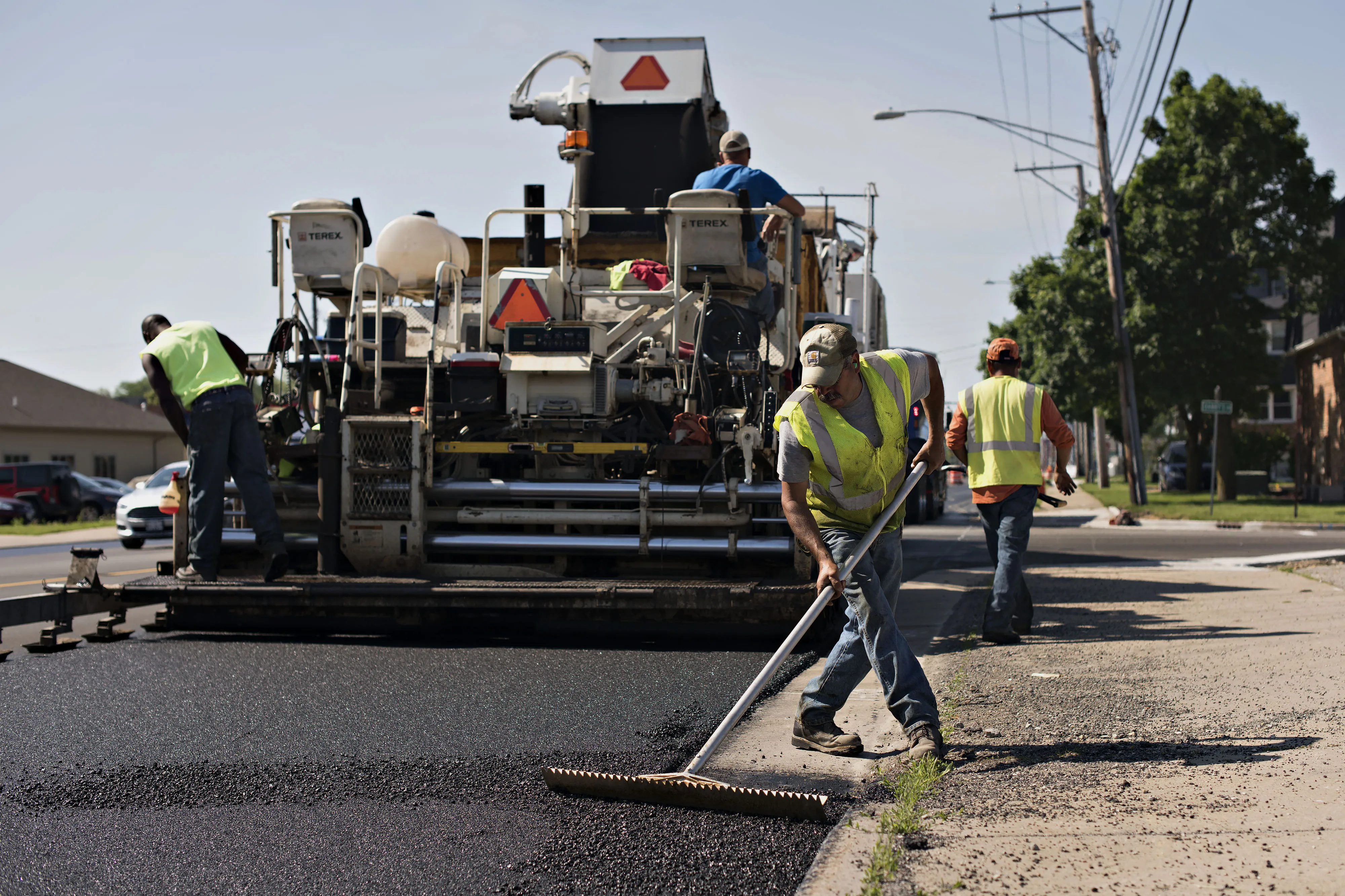 Workers pave a state highway in Streator, Illinois.