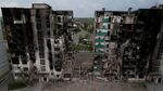 Destroyed apartment buildings following Russian attacks, in Borodyanka, Ukraine.