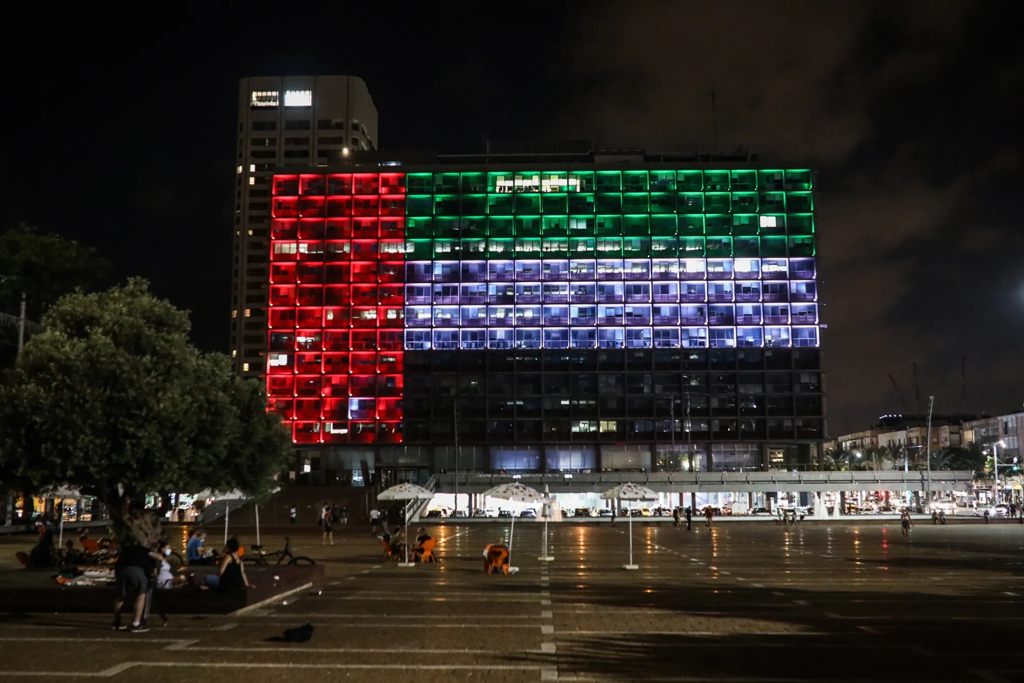The national flag of the United Arab Emirates displayed in Tel Aviv.