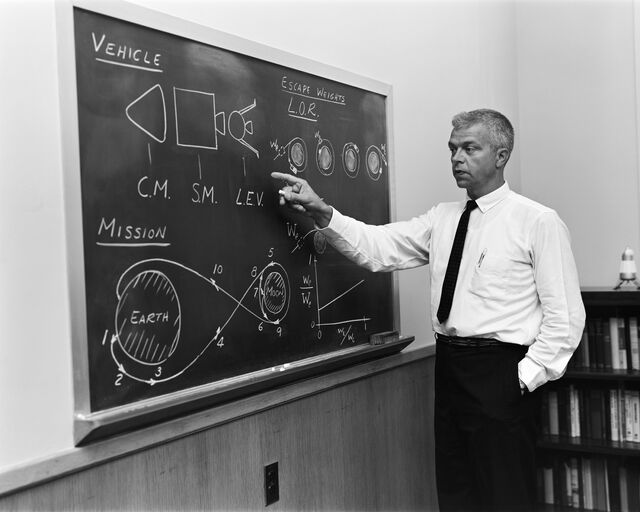 NASA engineer John C. Houbolt in 1962 explains the Lunar Orbital Rendezvous concept that he successfully advocated for, in which a spacecraft enters lunar orbit, a smaller craft lands on the moon, and the two rendezvous to return astronauts to Earth. 