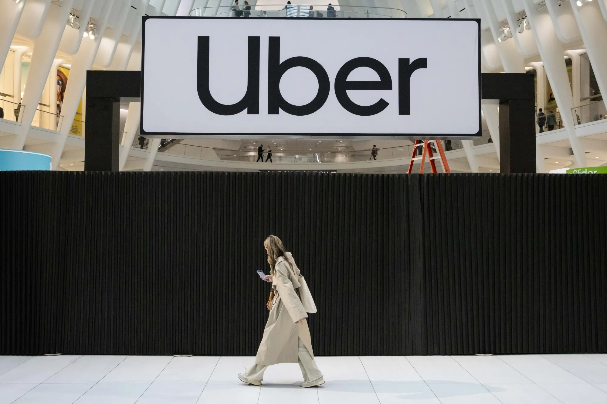 Uber signage during a product unveiling event in New York on&nbsp;May 14, 2025.