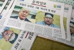 Copies of the Munhwa Ilbo newspaper featuring U.S. President Donald Trump and North Korean leader Kim Jong-un on the front page sit in a pile at the paper's printing facility in Seoul, South Korea.