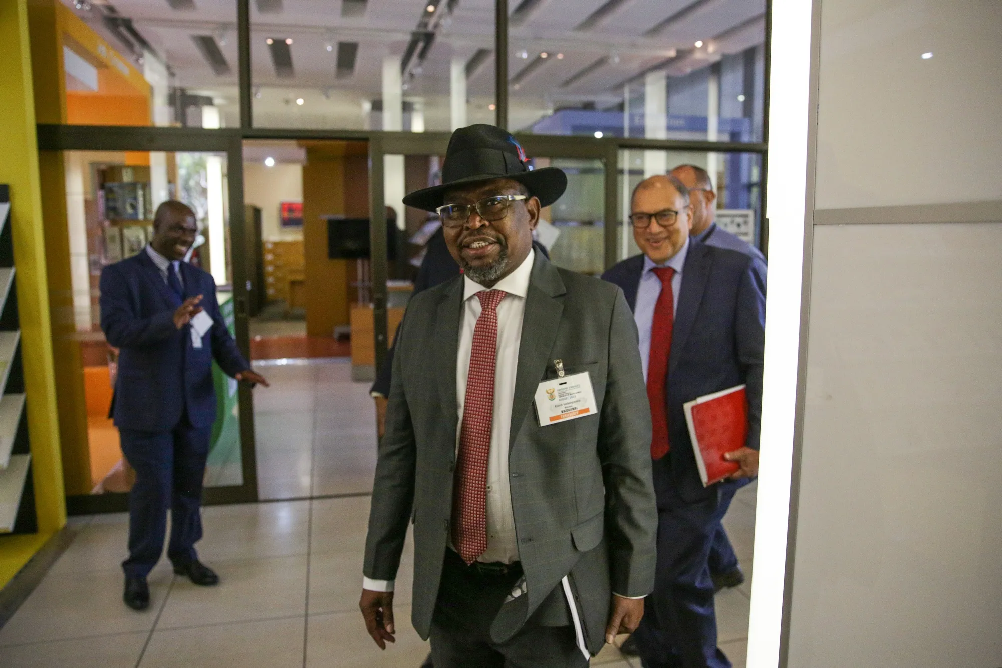 Enoch Godongwana arrives for a news conference ahead of the budget presentation in Cape Town, South Africa, on Feb. 22.