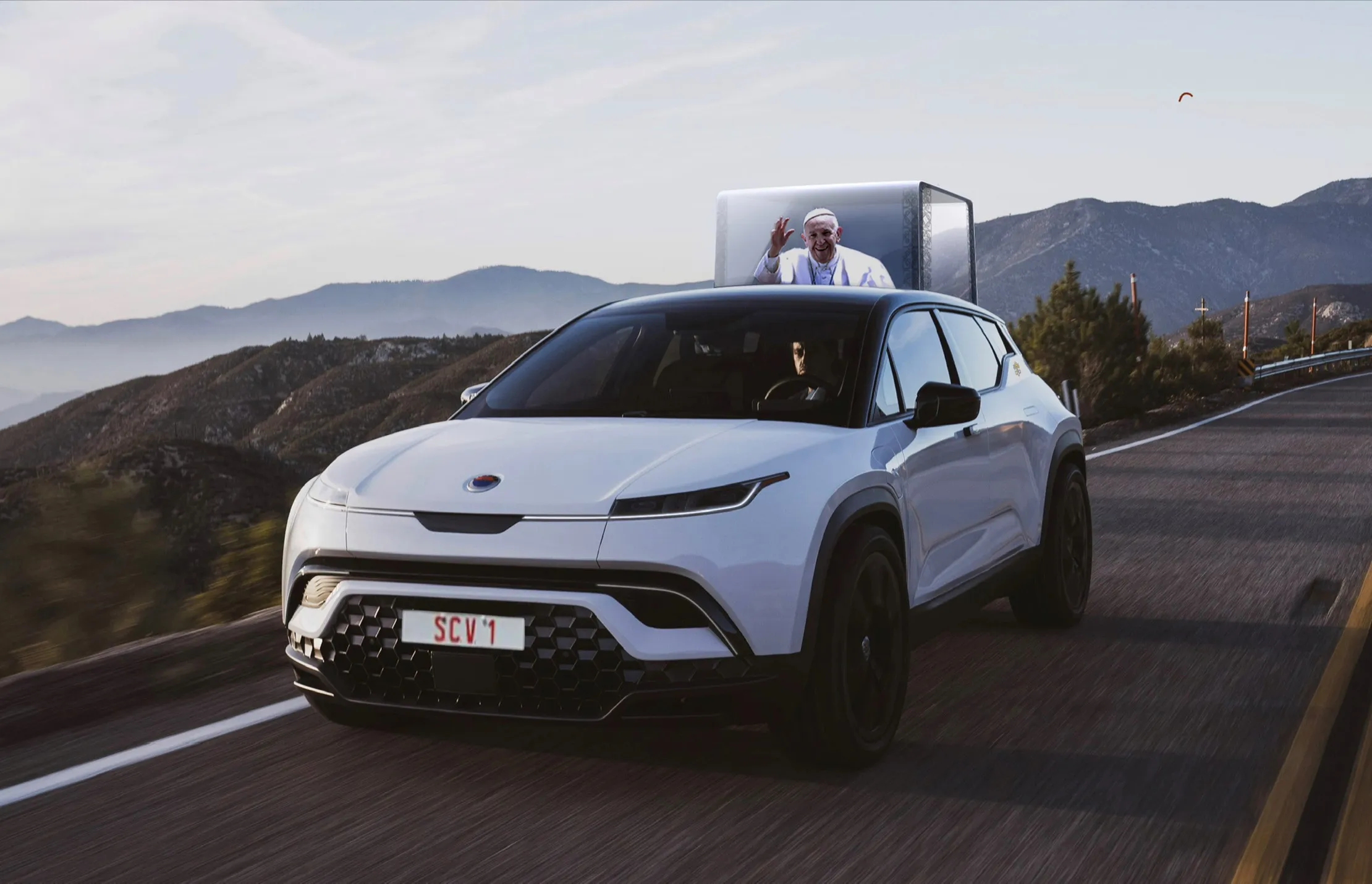 A rendering of the Fisker Ocean SUV, with Pope Francis inside.