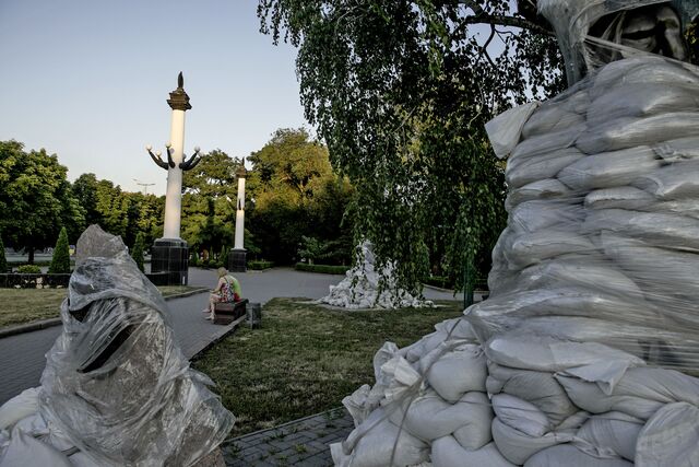 Monuments covered in sandbags the city park in Zaporizhya, Ukraine.