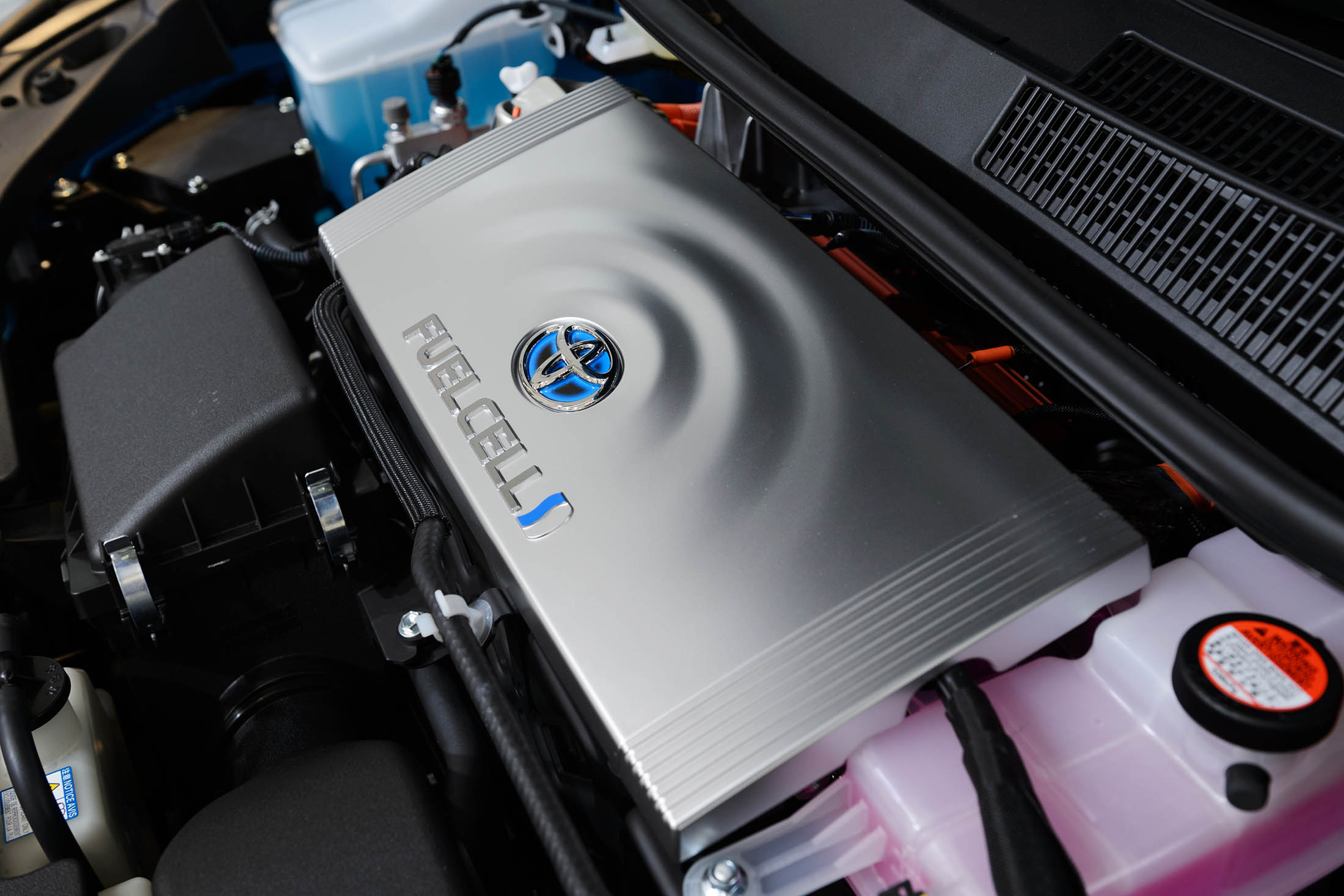 The fuel cell of a Toyota Mirai fuel-cell powered vehicle.
