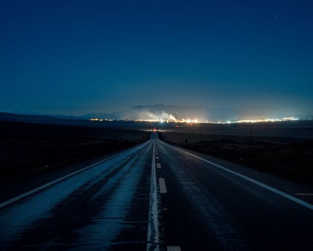 The road to the La ­Negra Industrial District, a complex of mineral processing plants.