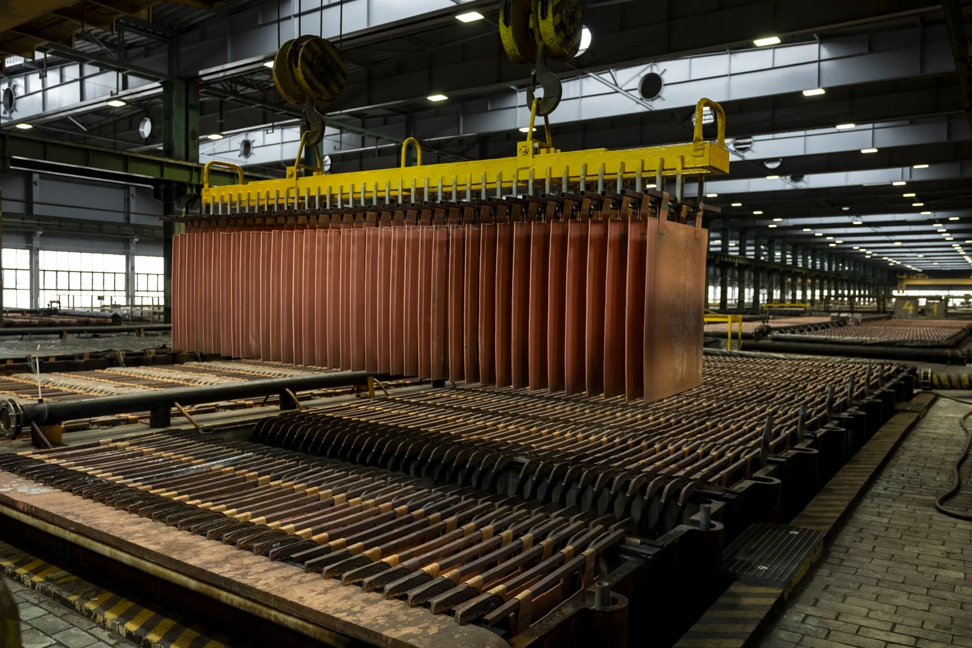 Copper cathode sheets at a copper smelter in Glogow, Poland, in April.