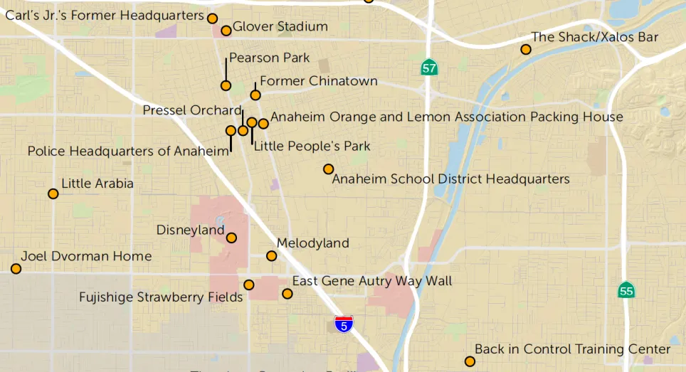 A detail from&nbsp;a map of Anaheim in&nbsp;A People’s Guide to Orange County&nbsp;shows lesser-known historic locations around the Southern California city.&nbsp;