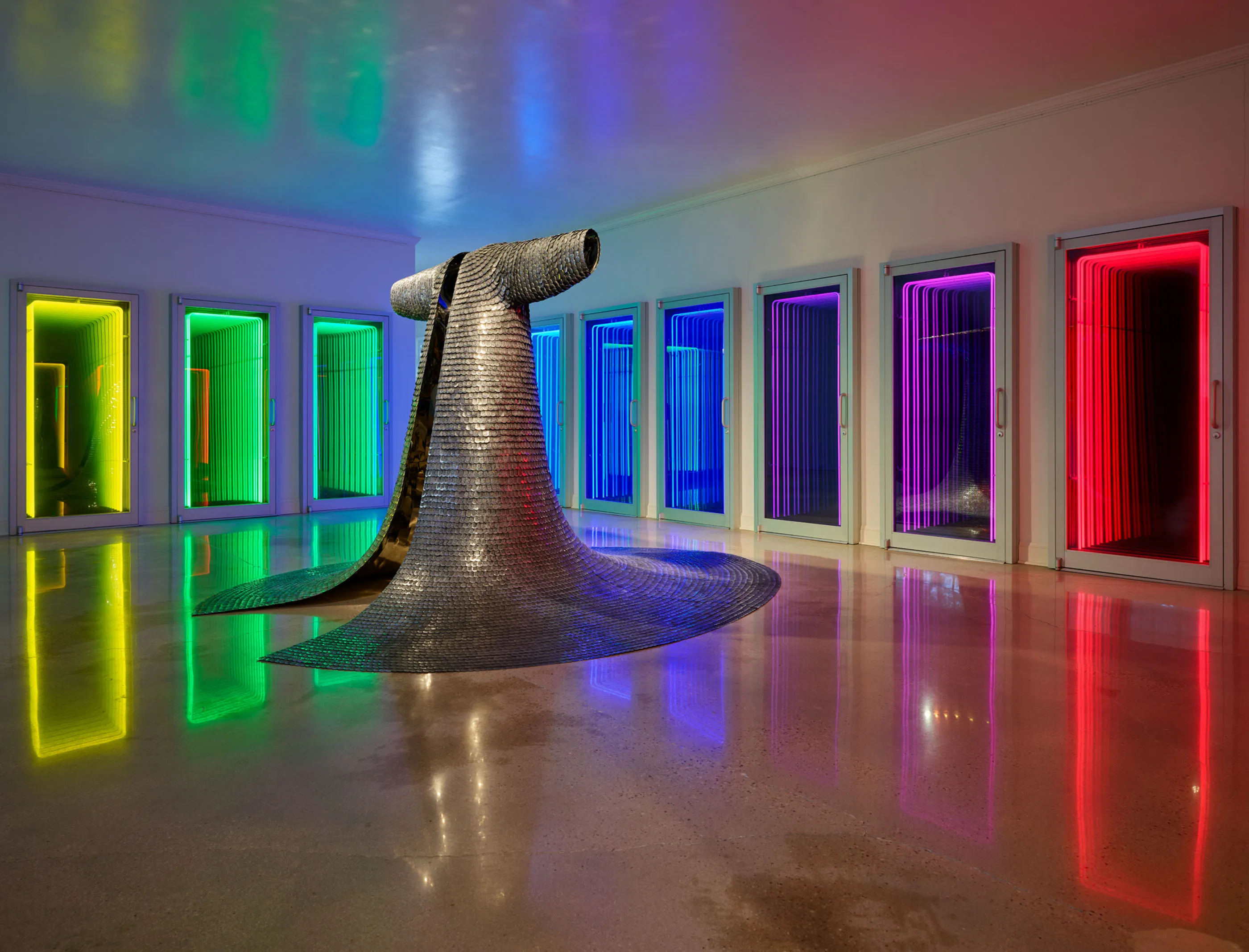 A rainbow-hued installation by Iván Navarro at the Crystal Bridges Museum of American Art in Bentonville, Arkansas.