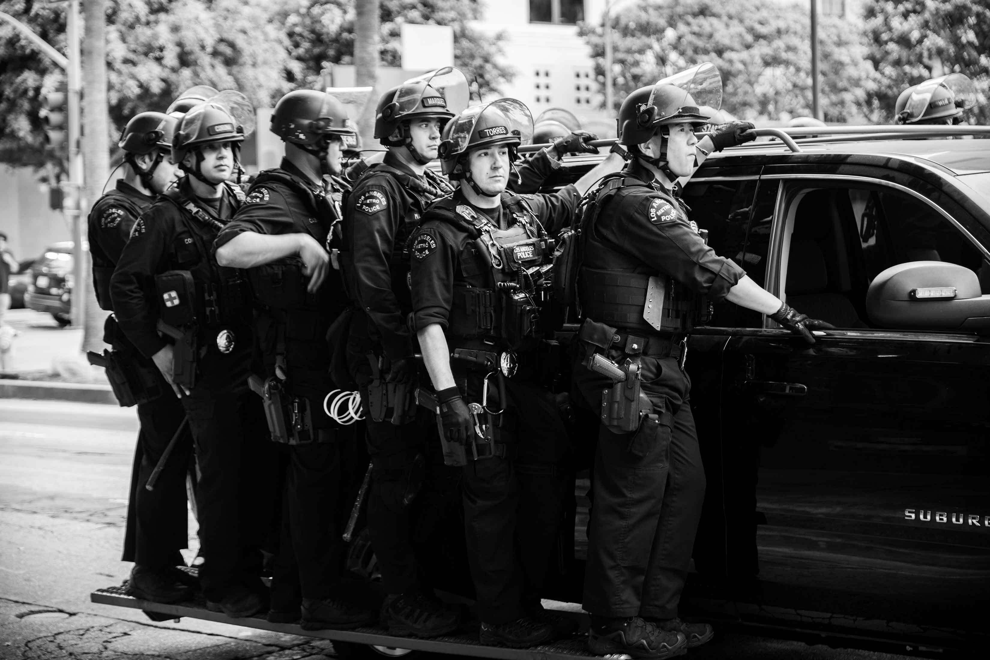 Officers of the Los Angeles Police Department during protests in Downtown L.A. on May 28.