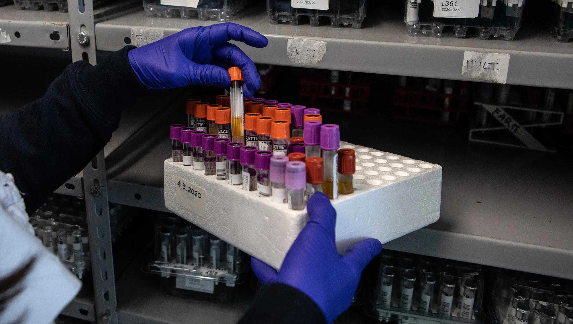A lab worker handles vials during a swab test process in Milan.