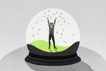 Man inside snow globe throwing money overhead