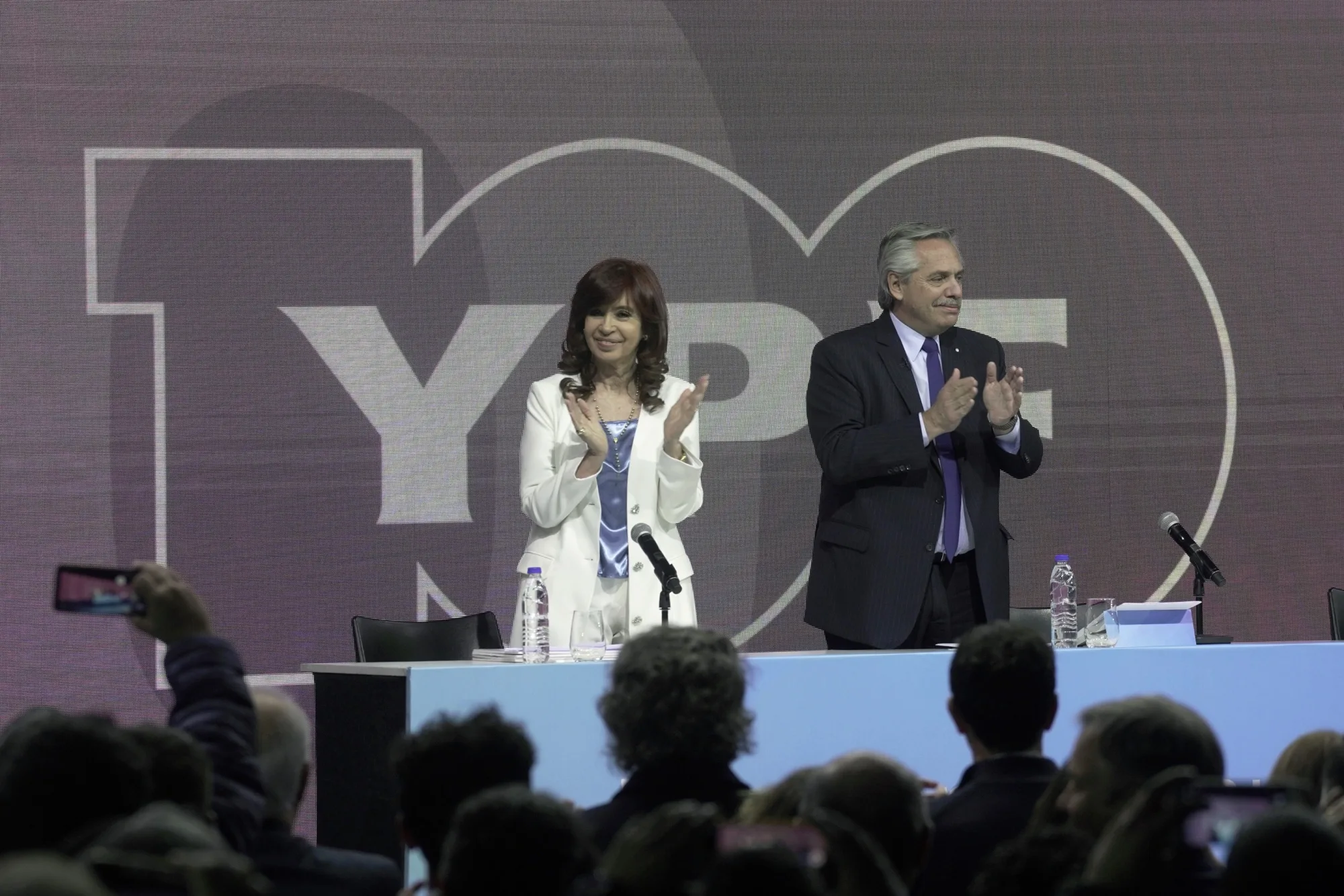 Alberto Fernandez, Argentina's president, right, and Cristina Fernandez de Kirchner, Argentina's vice president, attend the 100th-anniversary event for state-owned YPF at the Tecnopolis in Buenos Aires, Argentina, on Friday, June 3, 2022.&nbsp;