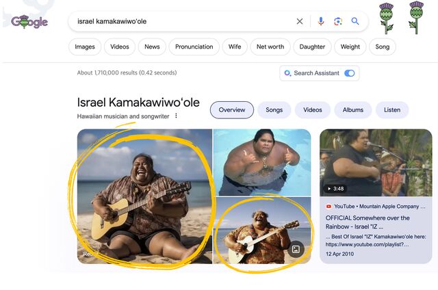 Screengrab of Google search for Israel Kamakawiwo'ole. Two AI-generated images of him are in the top results. Both are of him sitting on a sandy beach, wearing a patterned short-sleeved shirt and playing a guitar with an effusive laugh against blue skies and white clouds. There is one genuine photo of him in a pool wearing dark shorts giving the shaka sign with both hands (pinky and thumb salute); and one genuine video of him playing a ukulele and singing into a microphone to a crowd of people. 