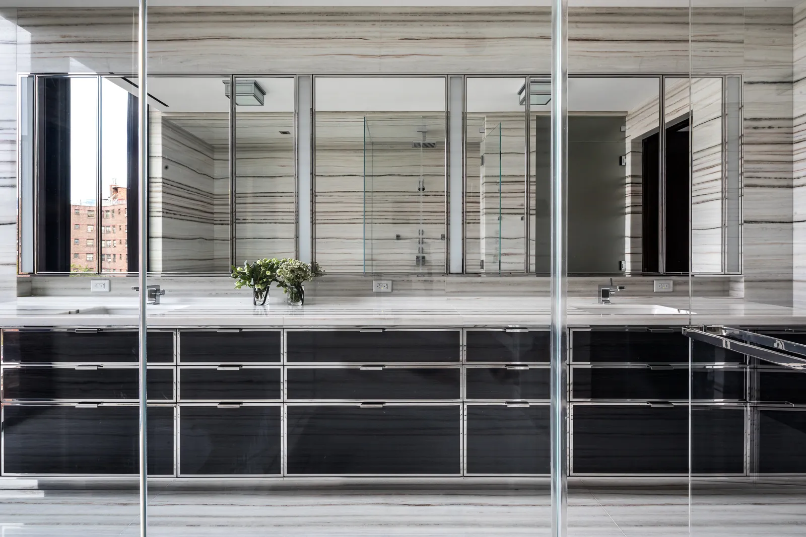 A bathroom in the Getty building in New York. The Getty,&nbsp;designed by Peter Marino, is an&nbsp;11 story building with five residential units, along with the Lehmann Maupin Gallery on the ground floor&nbsp;and the&nbsp;Hill Art Foundation above.