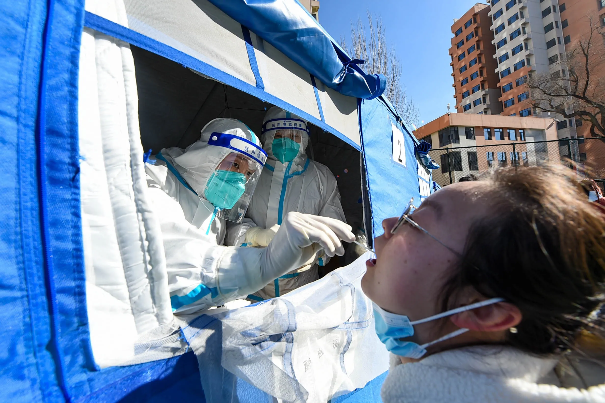 A student is tested at the Inner Mongolia Medical University in Hohhot, on March 2.