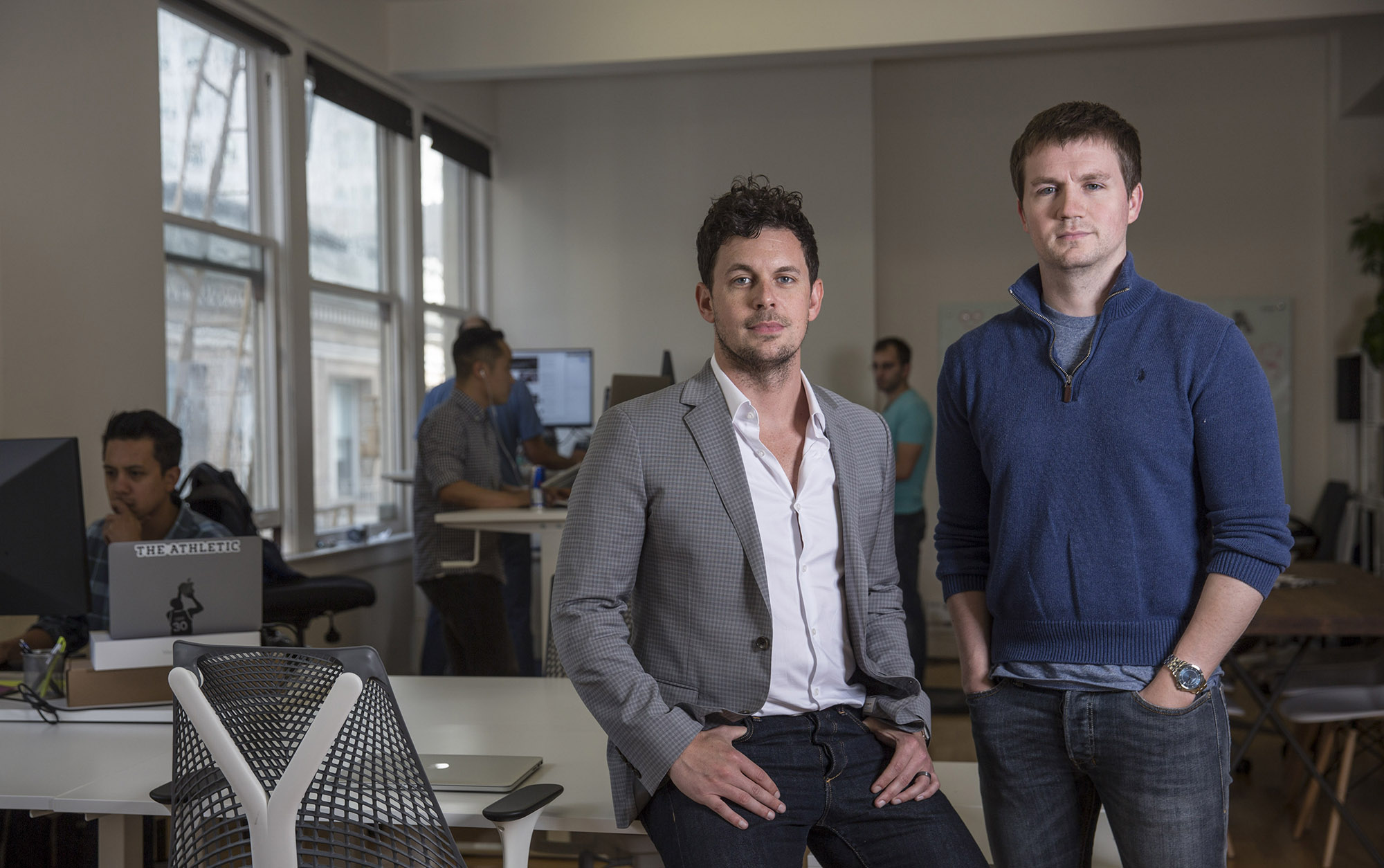 Alex Mather, left, and Adam Hansmann, co-founders of the The Athletic, at their offices in San Francisco.